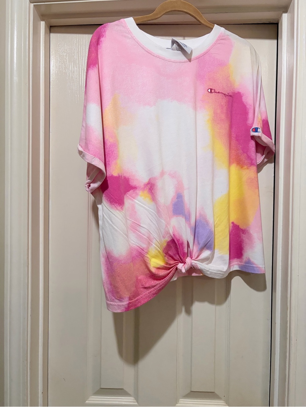 Champion Pink Tie-Dye Short Sleeve Tee with Yellow & Purple Accents